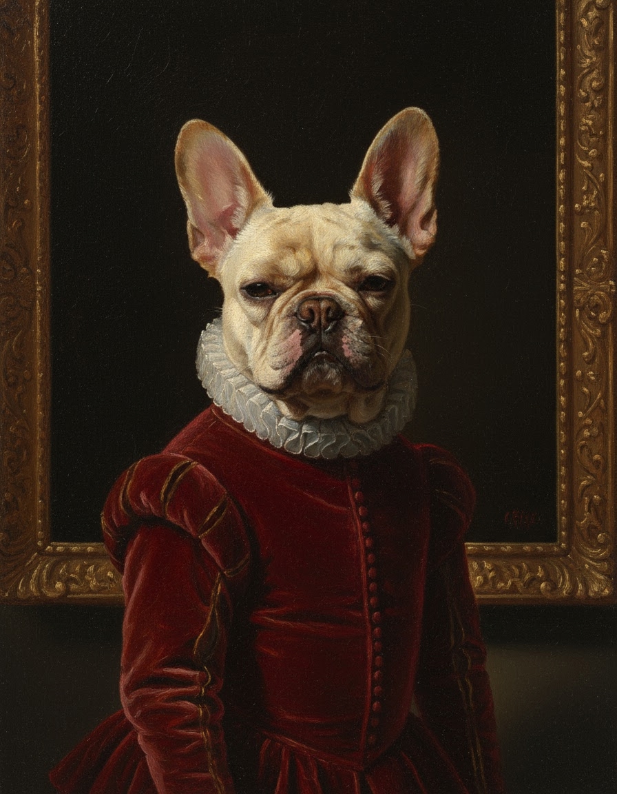 Renaissance-style oil painting portrait generated from a pet photo via MCP Media Engine img2img.