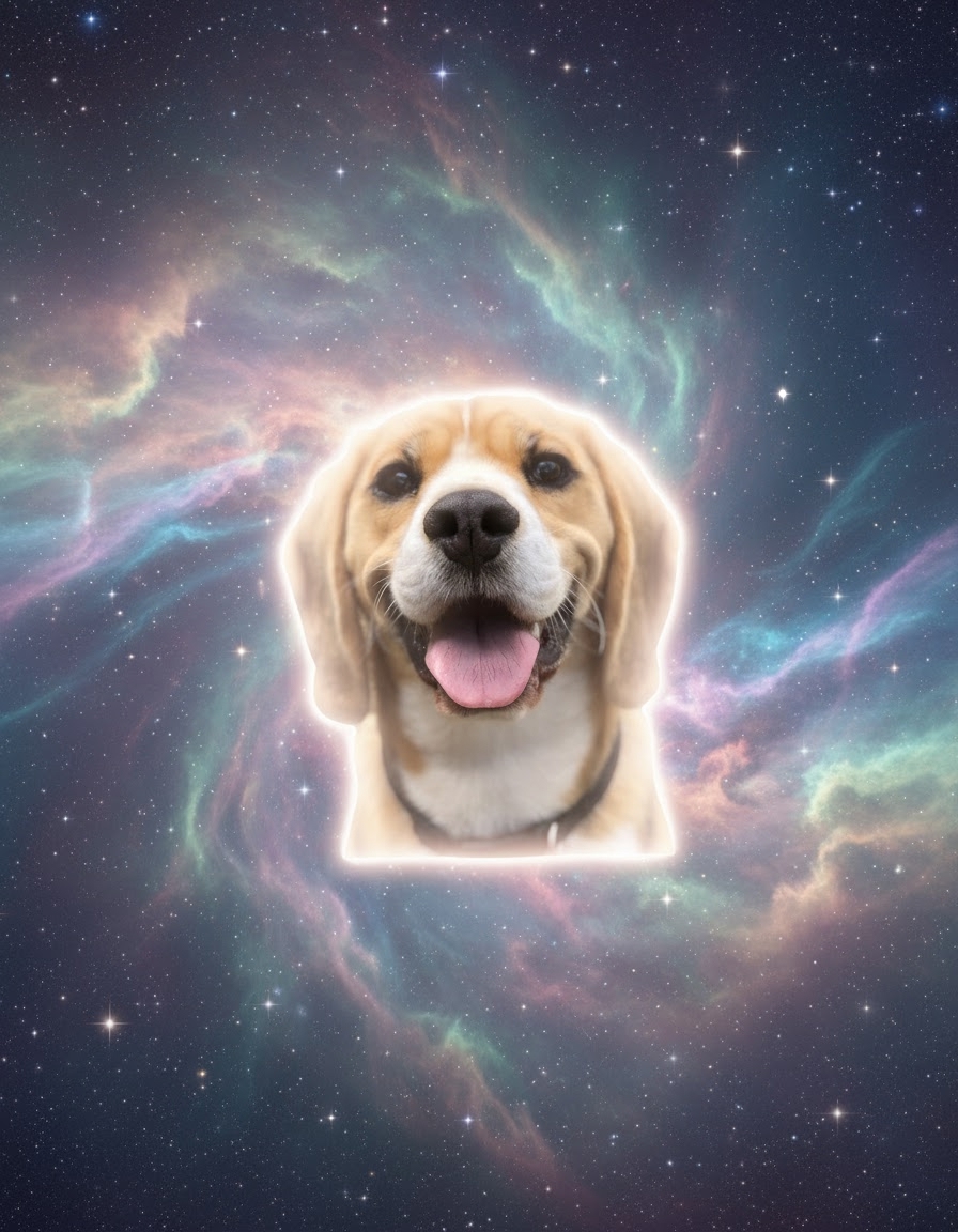 Cosmic puppy portrait generated from a pet photo via MCP Media Engine img2img.
