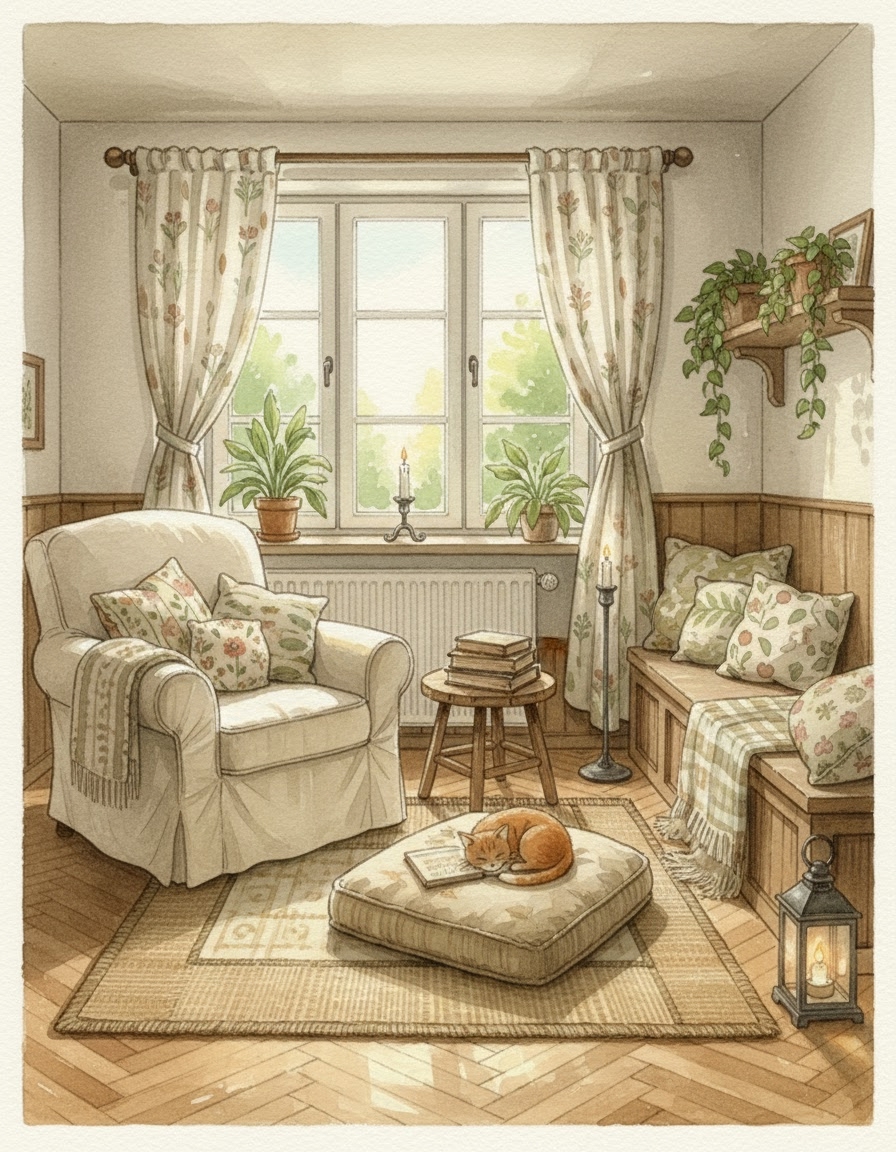 Studio Ghibli cottage reading nook restyle generated from a room photo via MCP Media Engine img2img.