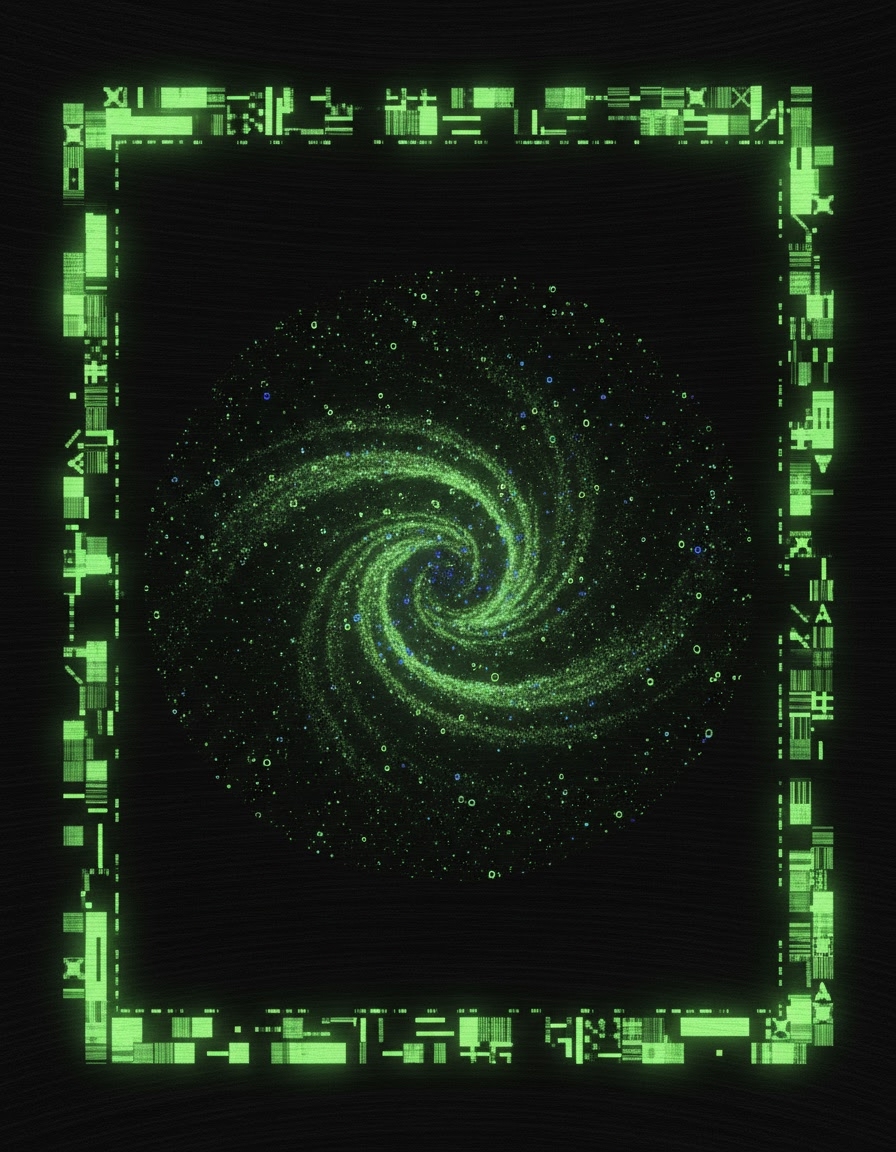 Phosphor-green ASCII terminal frame enclosing a cosmic landscape — house-style Look A.