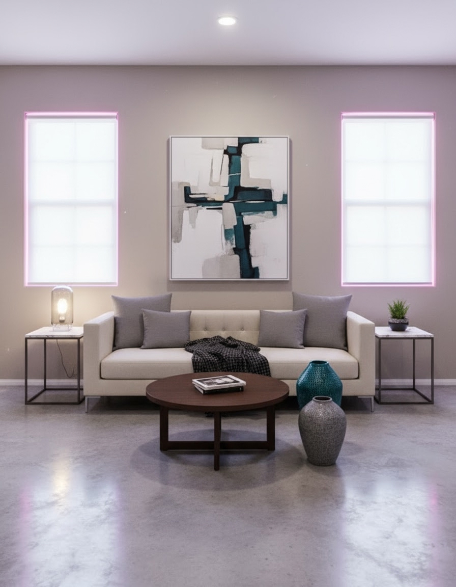 Modern minimalist lounge restyle generated from a room photo via MCP Media Engine img2img.