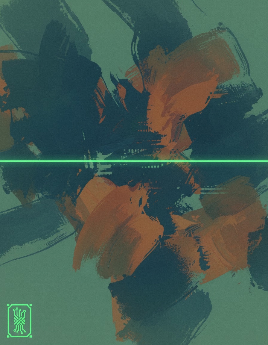 Painterly composition with phosphor-green scanline overlay — house-style Look C.