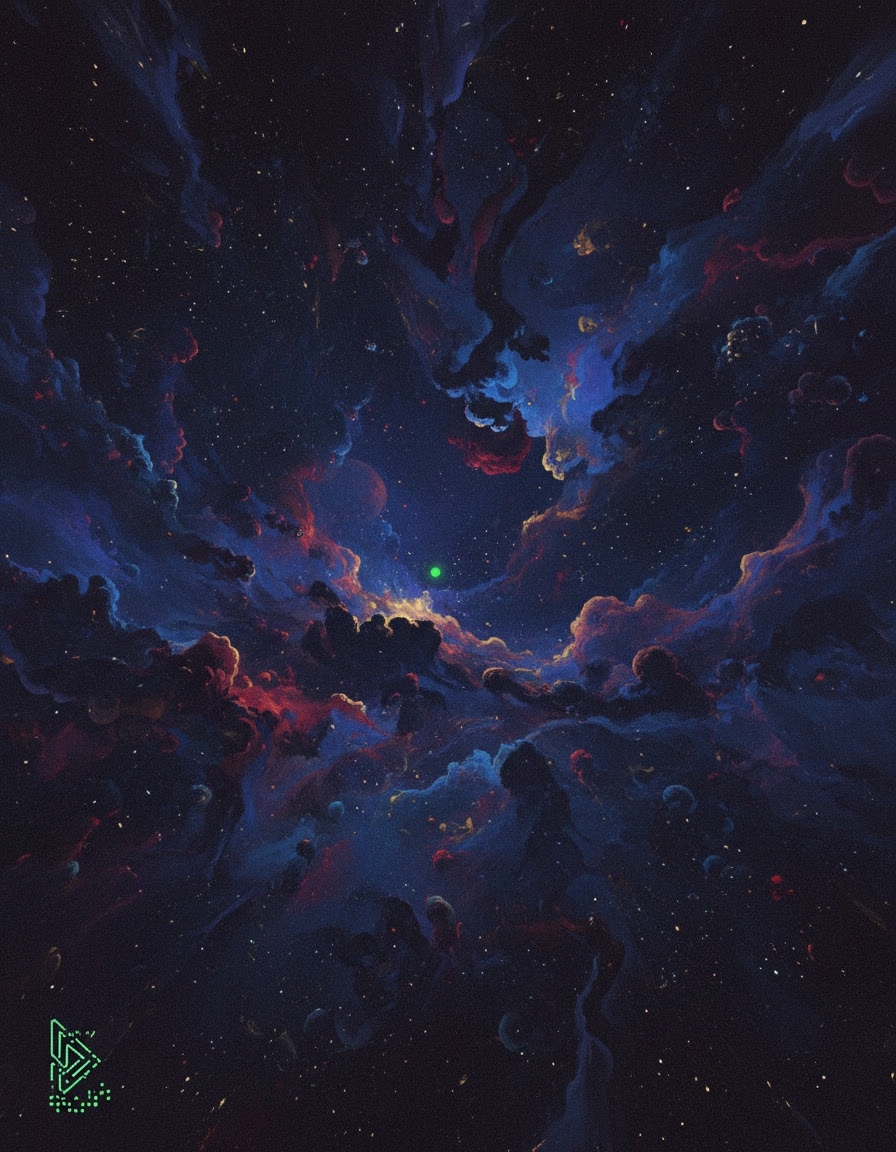 Cosmic landscape with a phosphor-green pixel corner glyph — house-style Look B.